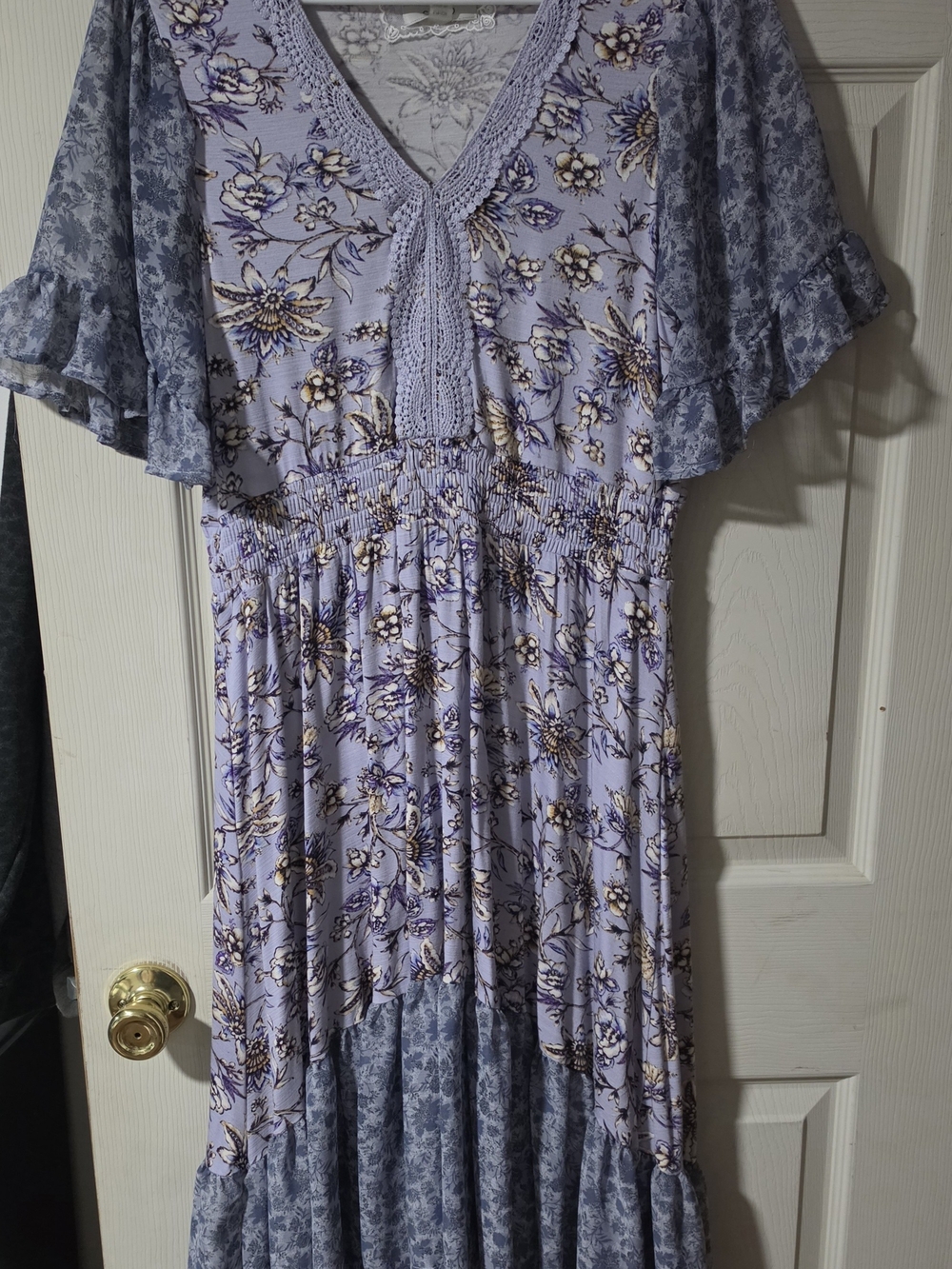 Cupio Lavender Floral Maxi Dress with Crochet V-Neck